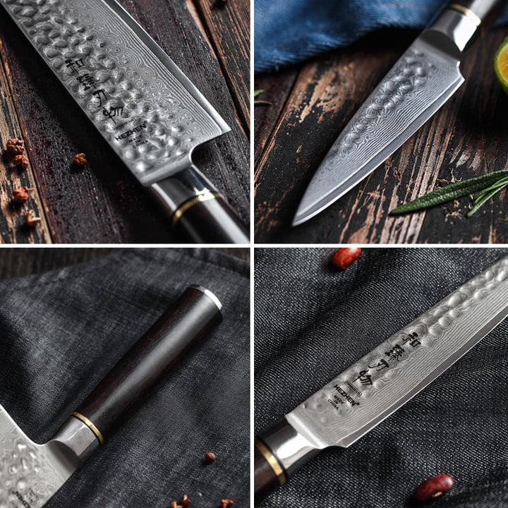 Detail van een Hezhen B1Z Classic mes met damascus lemmet en handvat
