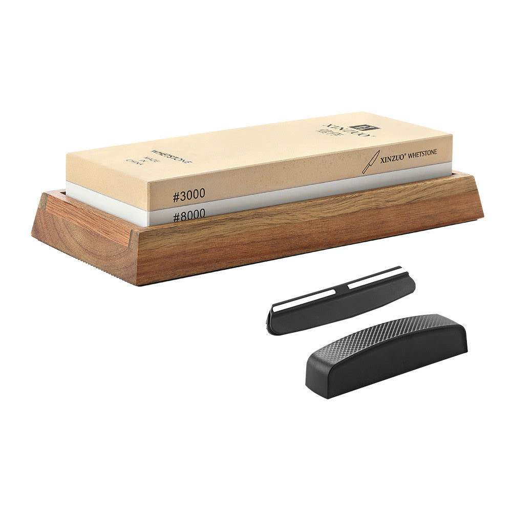 Slijpsteen 3000/8000 set met rubberen houder op houten basis