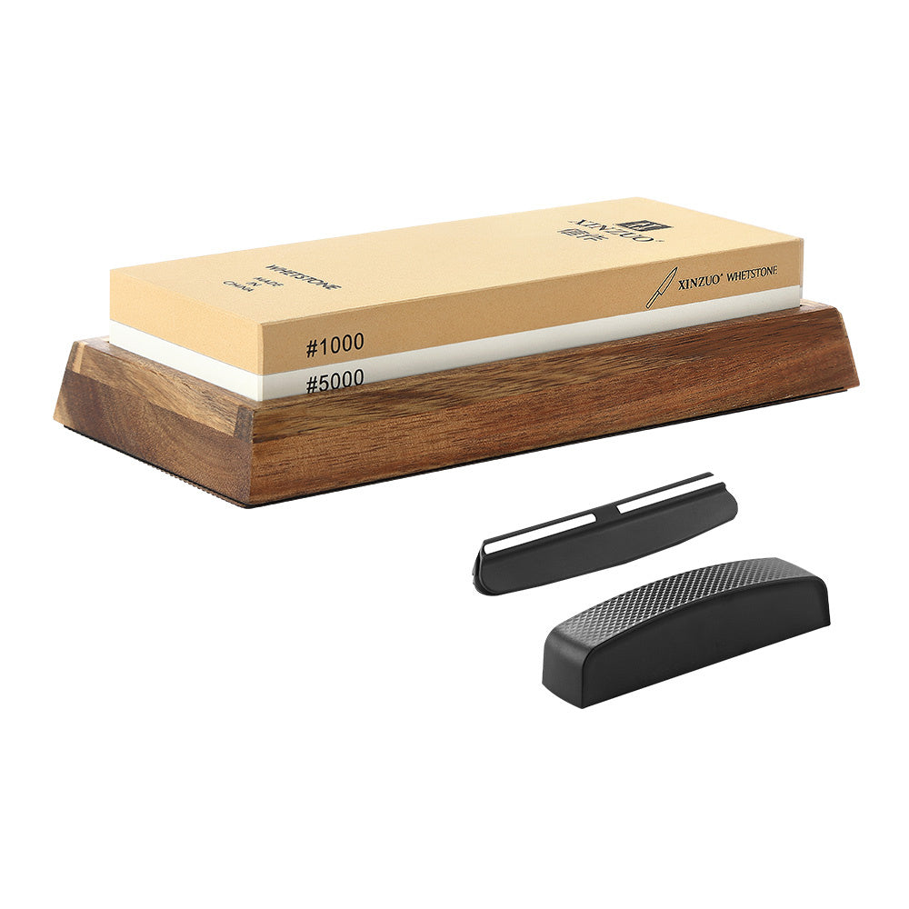 Slijpsteen 1000/5000 op houten basis met houder en beschermstrip