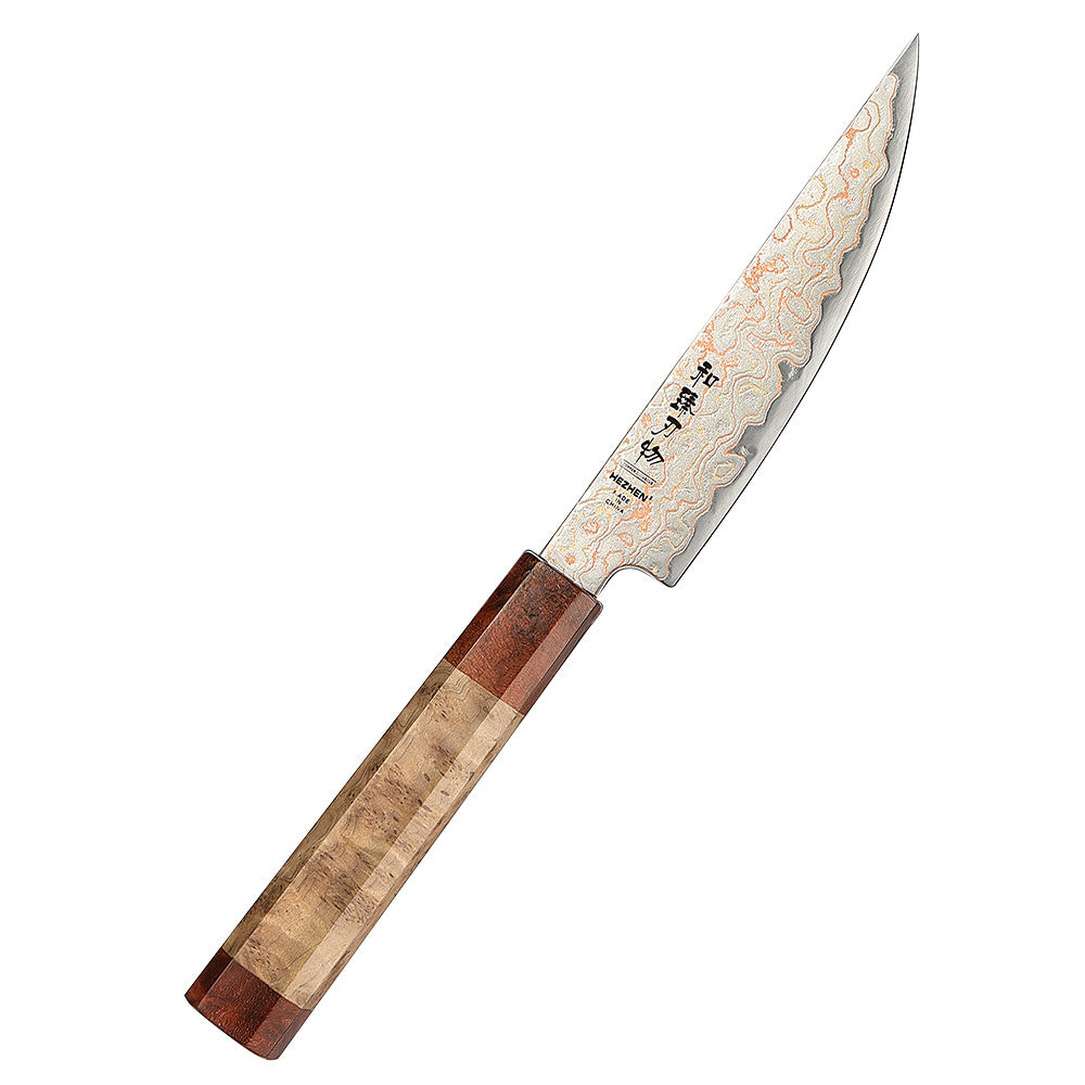 Hezhen X05C steakmes met houten handvat, zijaanzicht