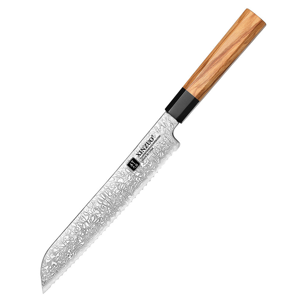 XinZuo PM8O Zhen broodmes met houten handvat en damastpatroon