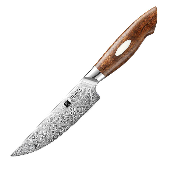 XinZuo B46D Jiang steakmes met damastpatroon en houten handvat