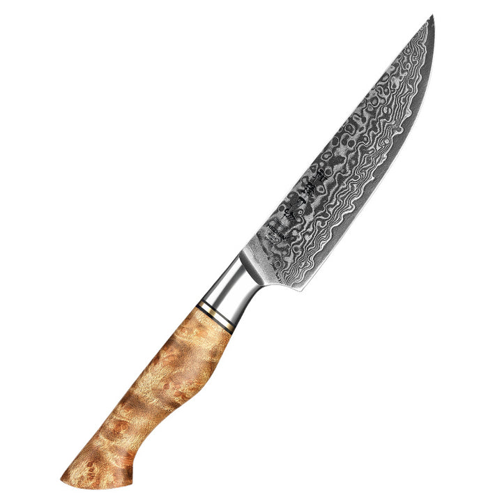 Hezhen B30 Master steakmes met damastpatroon en licht houten handvat