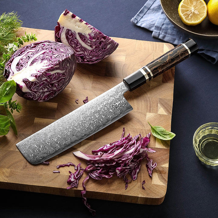 Hezhen X09 Retro nakiri mes naast gesneden rode kool en kruiden
