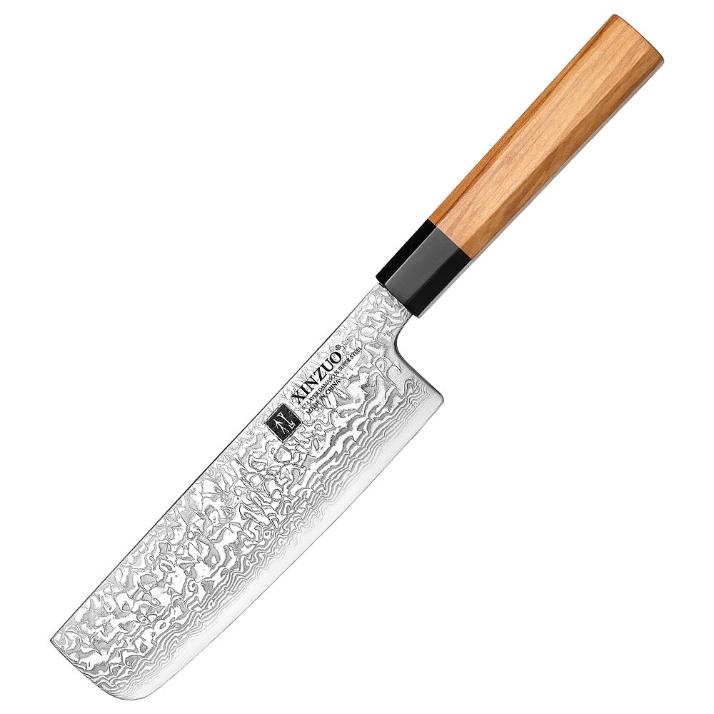 XinZuo PM8O Zhen nakiri mes met damastpatroon en houten handvat