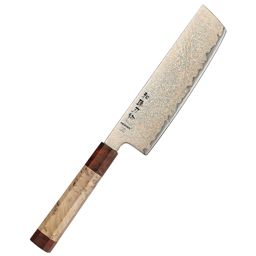 Hezhen X05C Retro nakiri mes met damascus lemmet en houten handvat