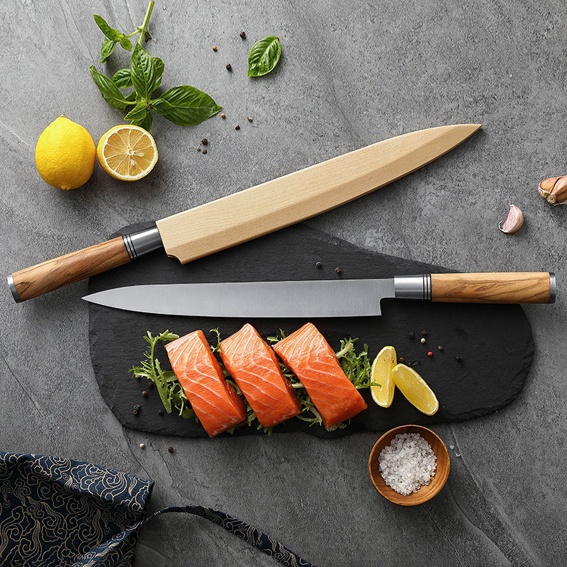 Hezhen SO He sashimi mes op plank met zalm en citroen