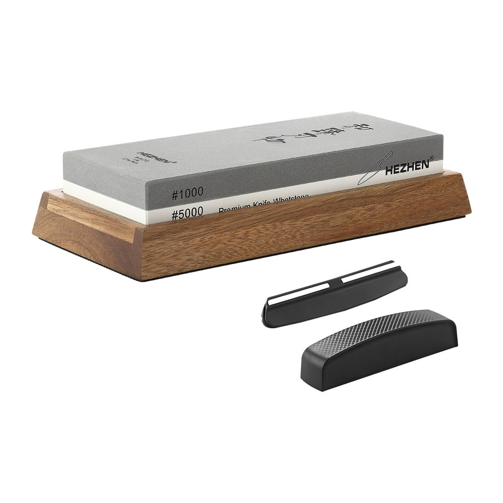 Slijpsteen 1000/5000 op houten standaard met accessoires