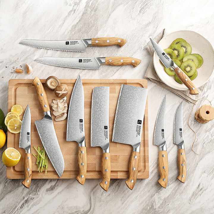 XinZuo X02O Pin messenset, 10-delig, op een houten snijplank