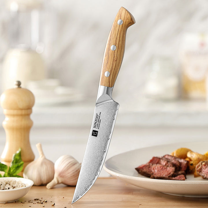 Steakmes uit X02O Pin set rechtop met vlees op de achtergrond