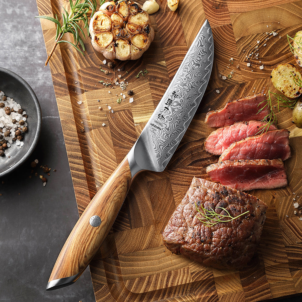 Hezhen X01 Flagship steakmes met vlees en groenten op snijplank
