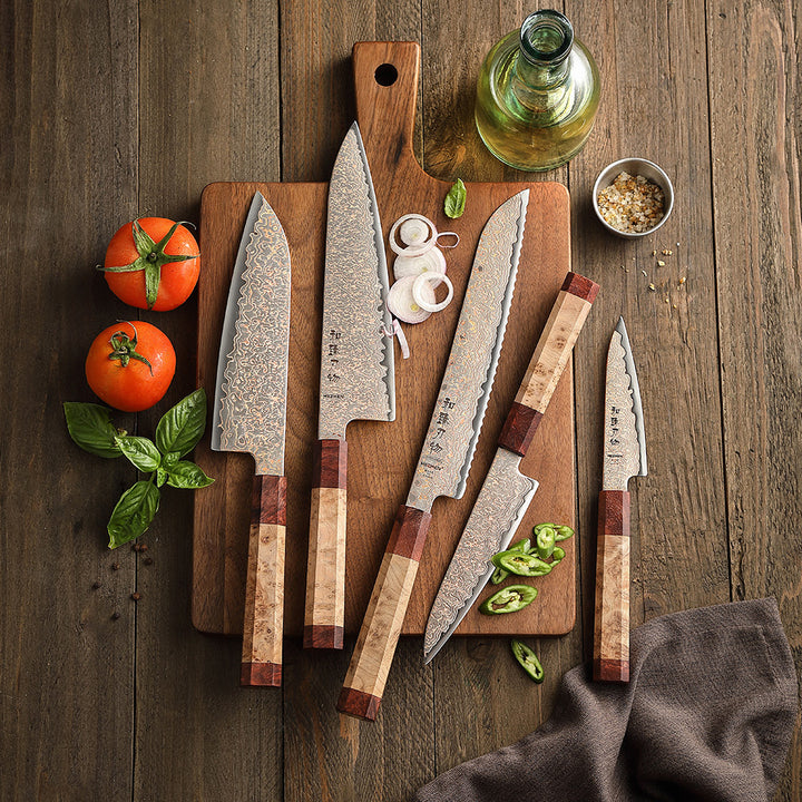 Hezhen X05C Retro messenset op plank met tomaten en basilicum