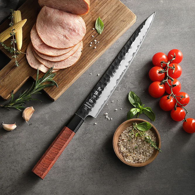 Hezhen PM8S Retro vleesmes met ham en tomaten op grijze ondergrond