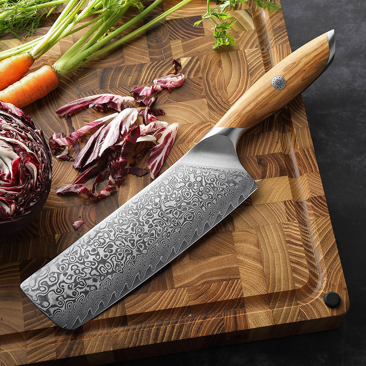 Hezhen X01 Flagship nakiri mes met gesneden groenten op plank