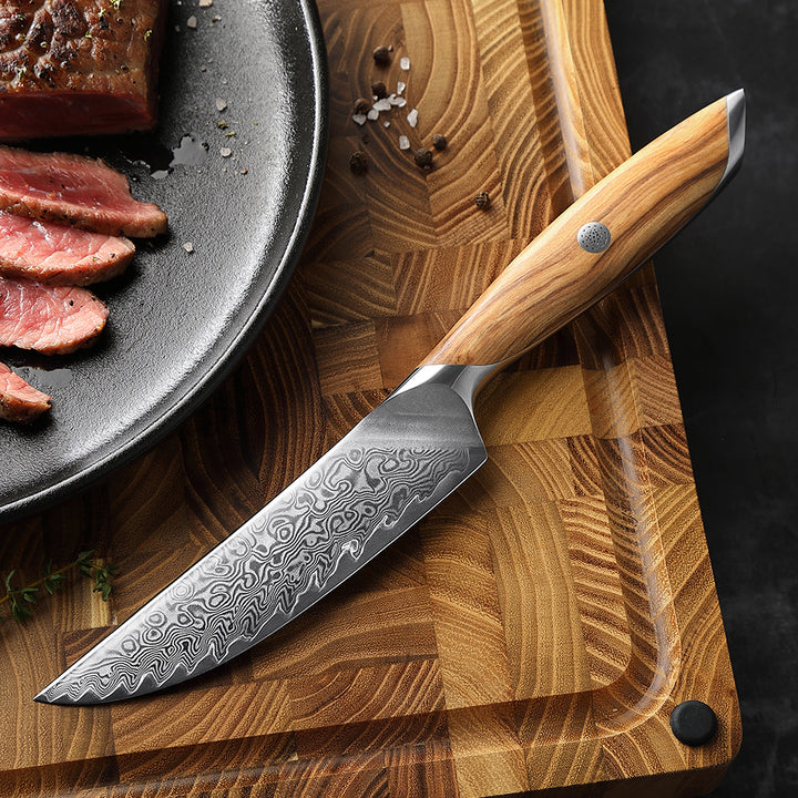 Hezhen X01 Flagship steakmes snijdt vlees op een houten plank