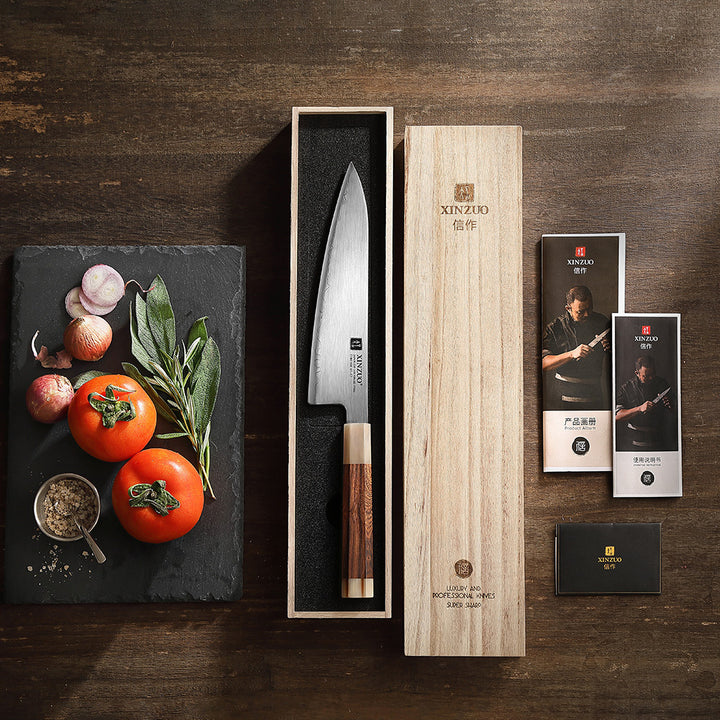 XinZuo X05Z Zhen koksmes in de houten geschenkdoos met ingrediënten