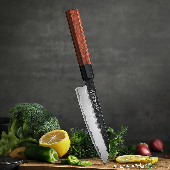 Lemmet en handvat van het Hezhen PM8S Retro santokumes met groenten