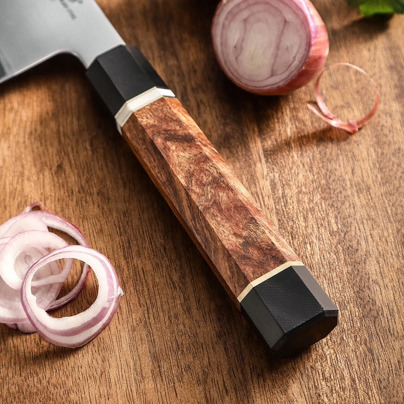 Houten handvat van het XinZuo F5 Zhen nakiri mes