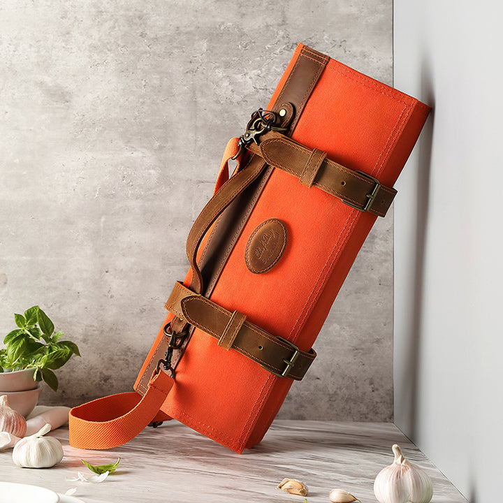 Oranjerode messentas van canvas en leer, staand met schouderriem