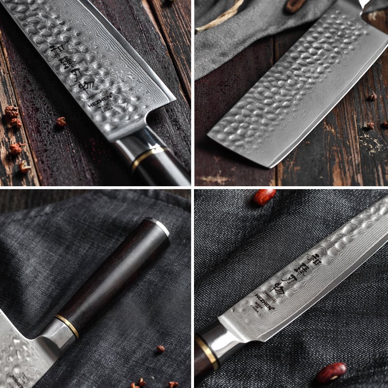 Lemmet en houten handvat van Hezhen B1Z Classic mes, details zichtbaar