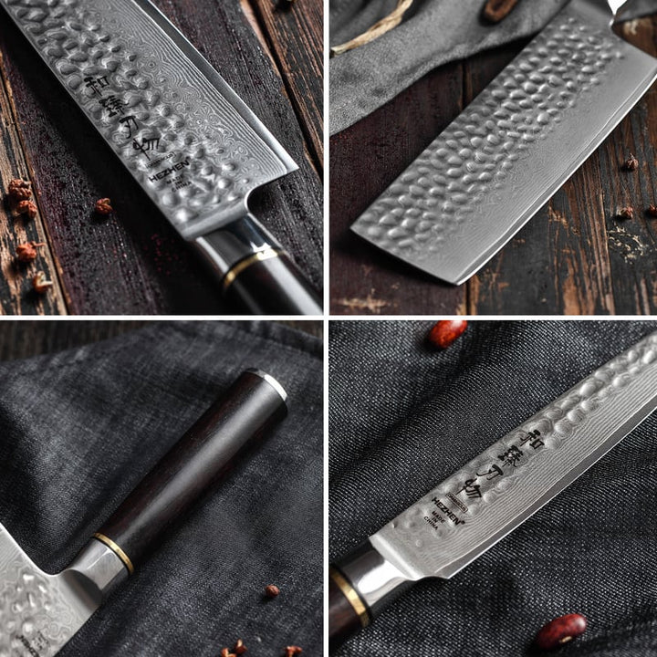 Lemmet en houten handvat van Hezhen B1Z Classic mes, details zichtbaar