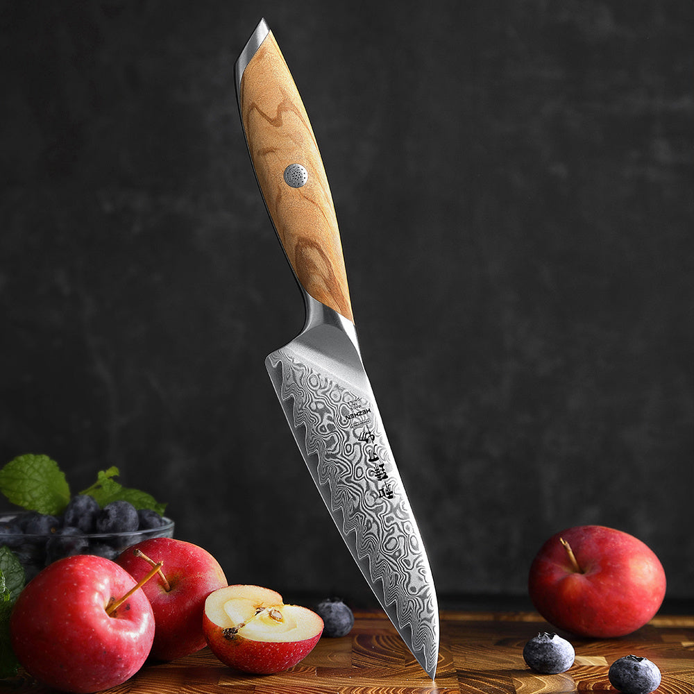 Hezhen X01 groentemes met houten handvat en fruit op achtergrond