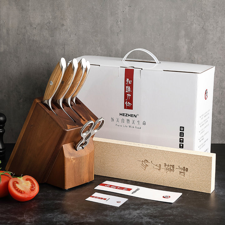 Hezhen X01 Flagship messenset met blok en tomaten naast de doos