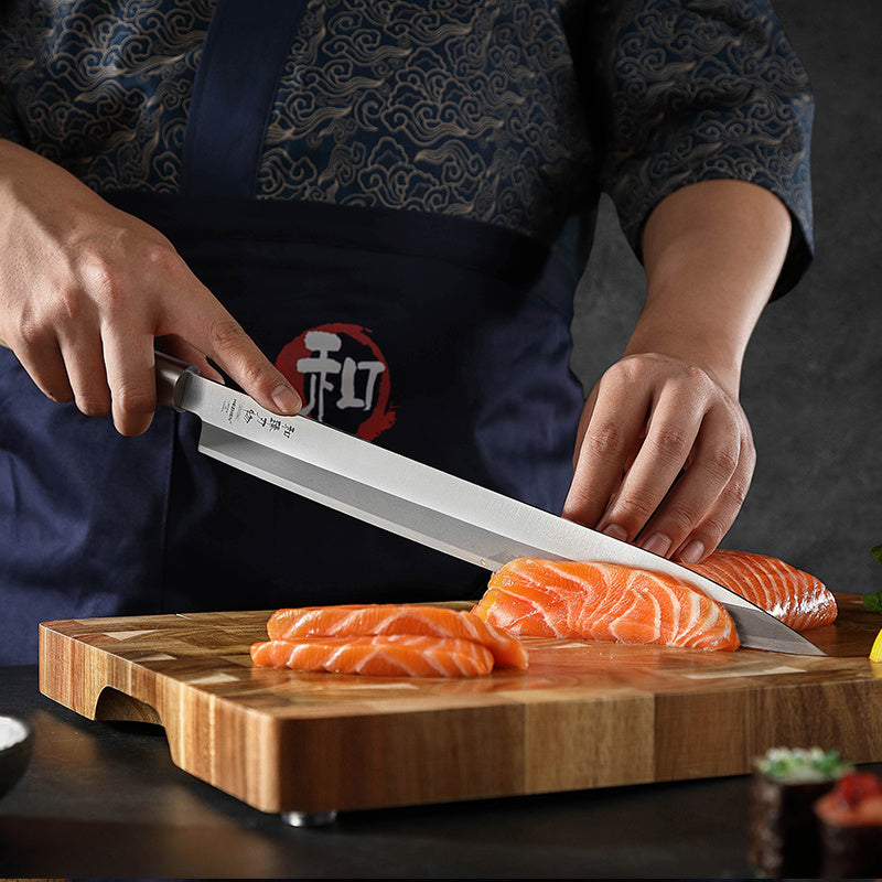 Hezhen SO He sashimi mes snijdt zalm op snijplank