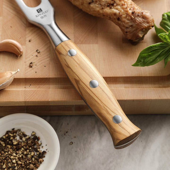 Houten handvat van de XinZuo X02O Pin vleesvork met klinknagels