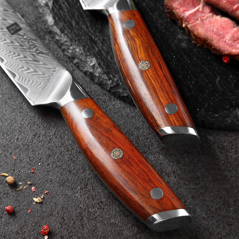 Twee XinZuo B27 Yi steakmessen met houten handvatten en vlees