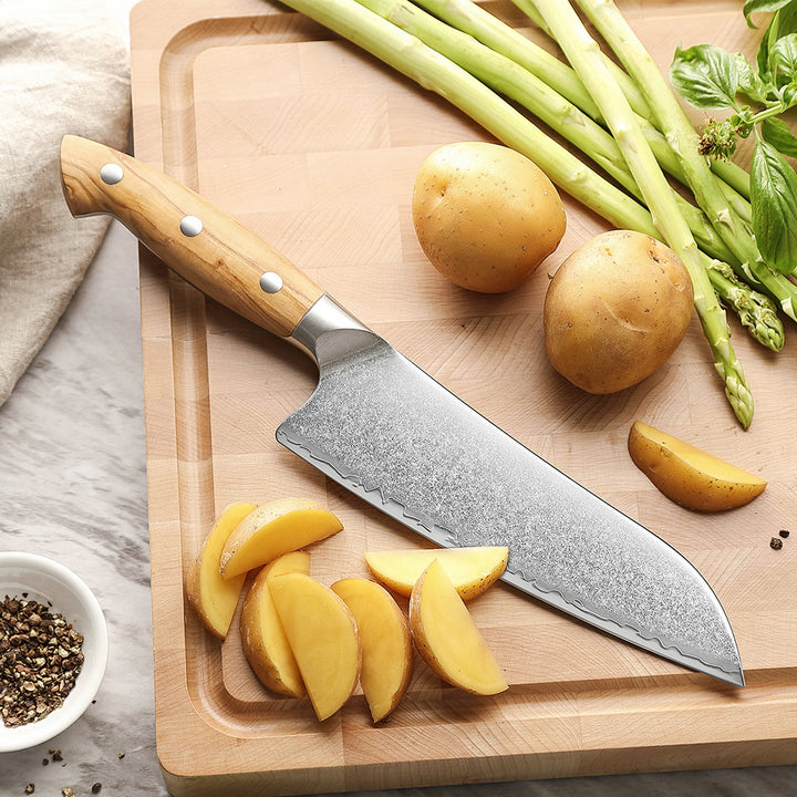 X02O Pin santokumes op plank met gesneden aardappelen en groenten