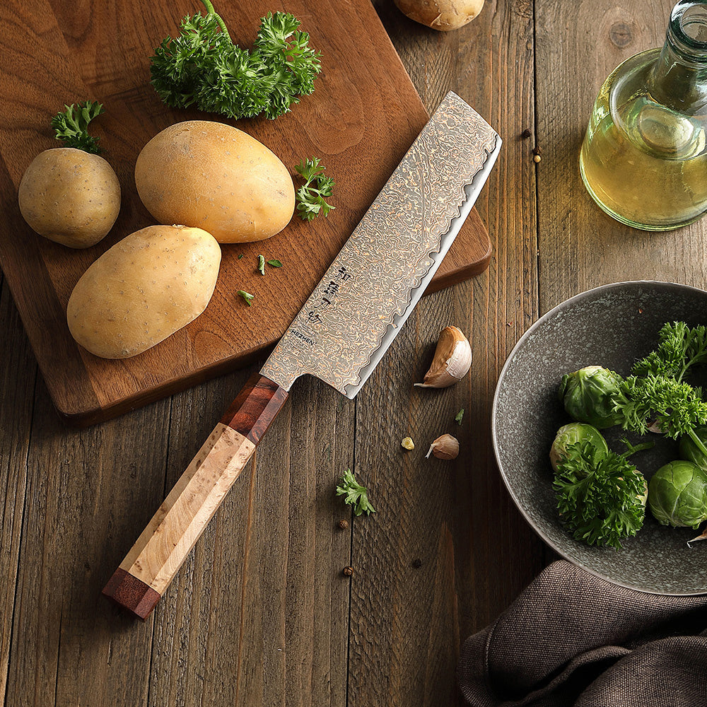 Hezhen X05C Retro nakiri mes met aardappels en kruiden op snijplank