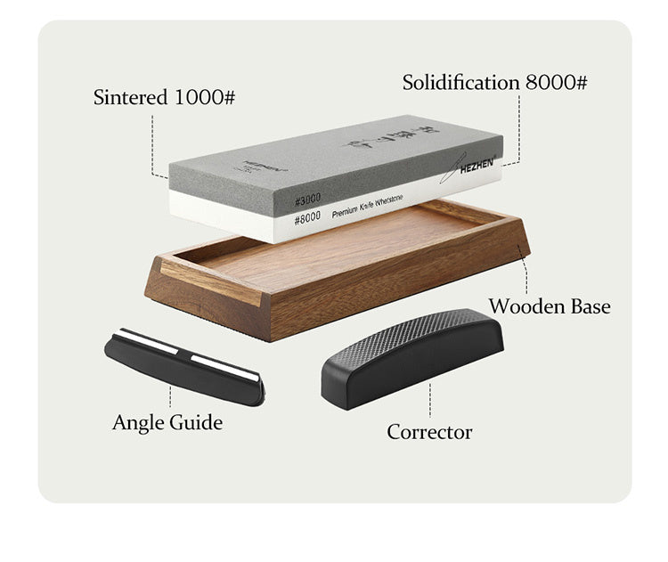 Slijpsteen 3000/8000 met hoekgeleider en corrector op houten basis