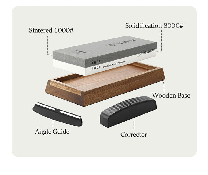 Slijpsteen 3000/8000 met hoekgeleider en corrector op houten basis