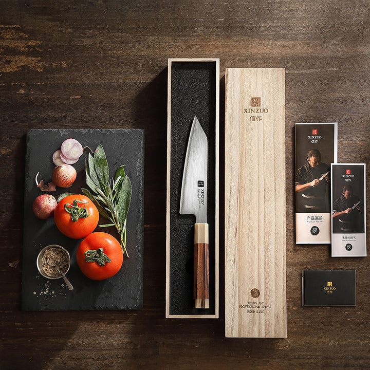 XinZuo X05Z Zhen koksmes naast tomaten en kruiden in de houten doos