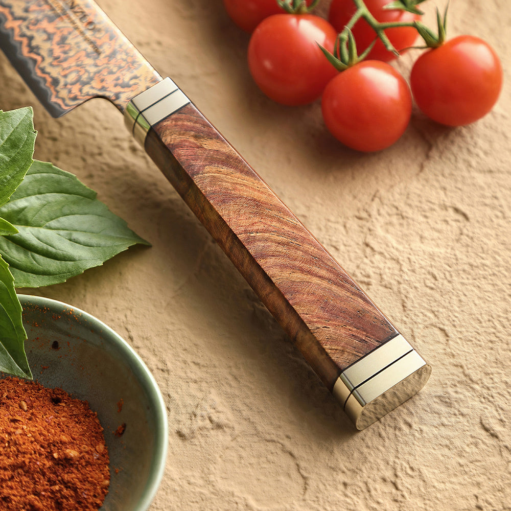 Houten handvat van het XinZuo X08C Ji groentemes met koperen details