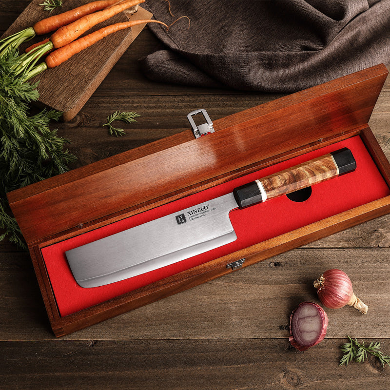 XinZuo F5 Zhen nakiri mes in de houten geschenkdoos