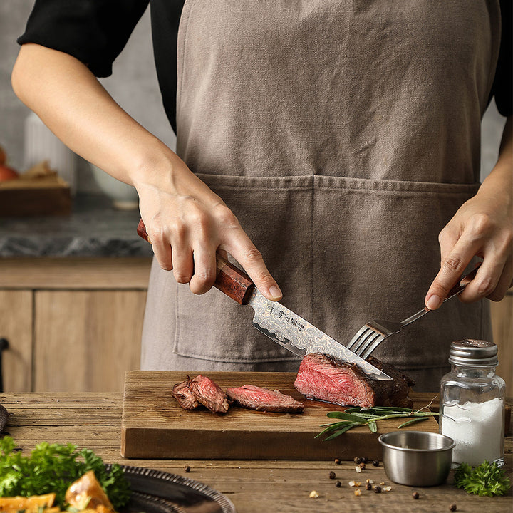 Hezhen X05C steakmes snijdt steak op houten plank