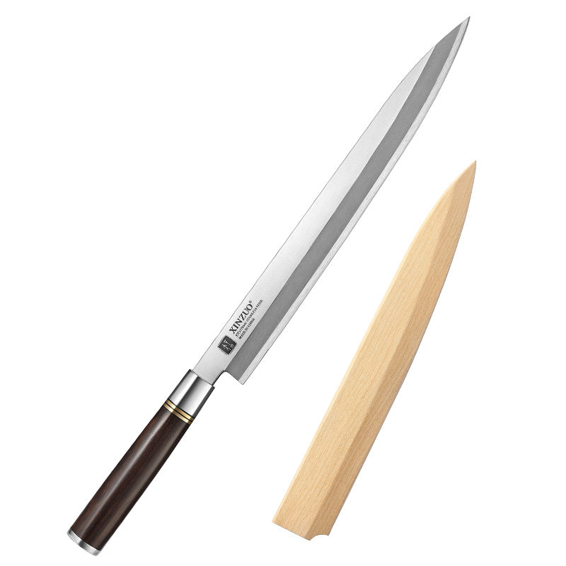 XinZuo SE He sashimi mes met houten kap naast het lemmet
