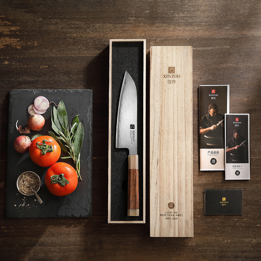 XinZuo X05Z Zhen santokumes in houten doos met tomaten en kruiden