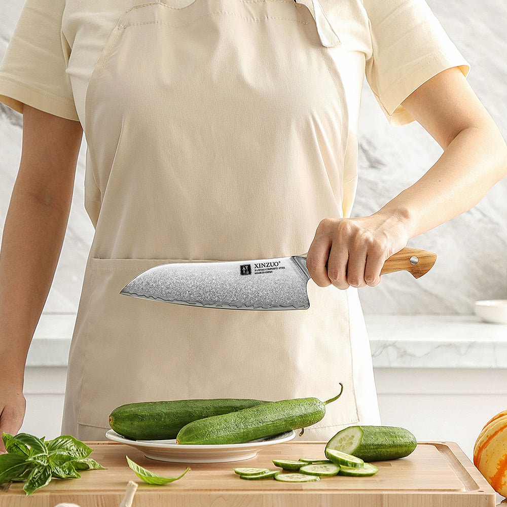 X02O Pin santokumes snijdt komkommer in een keuken met verse ingrediënten
