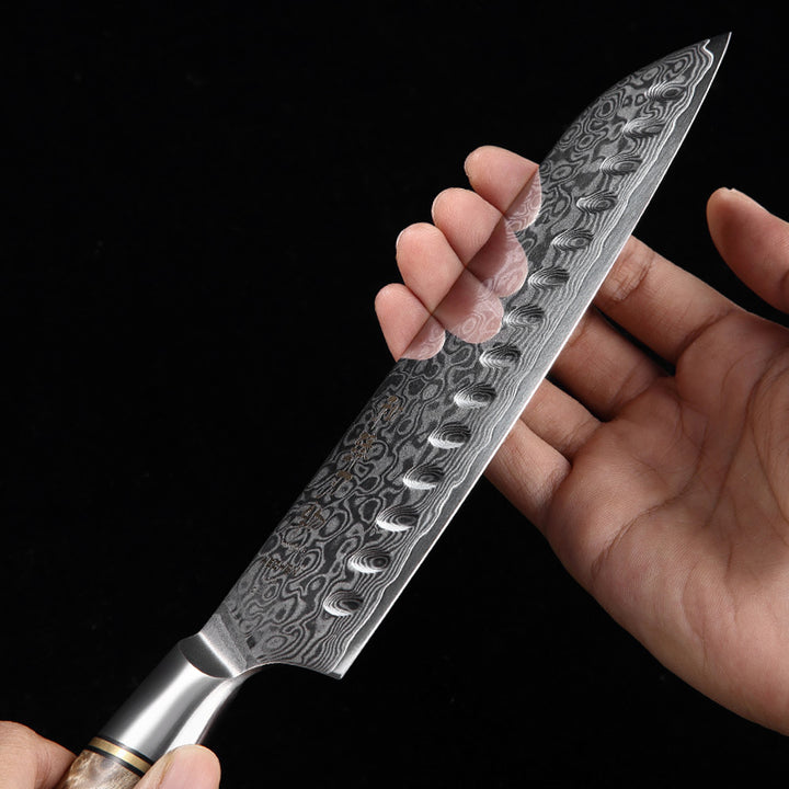 Hezhen B30 Master santokumes in de hand, zijaanzicht