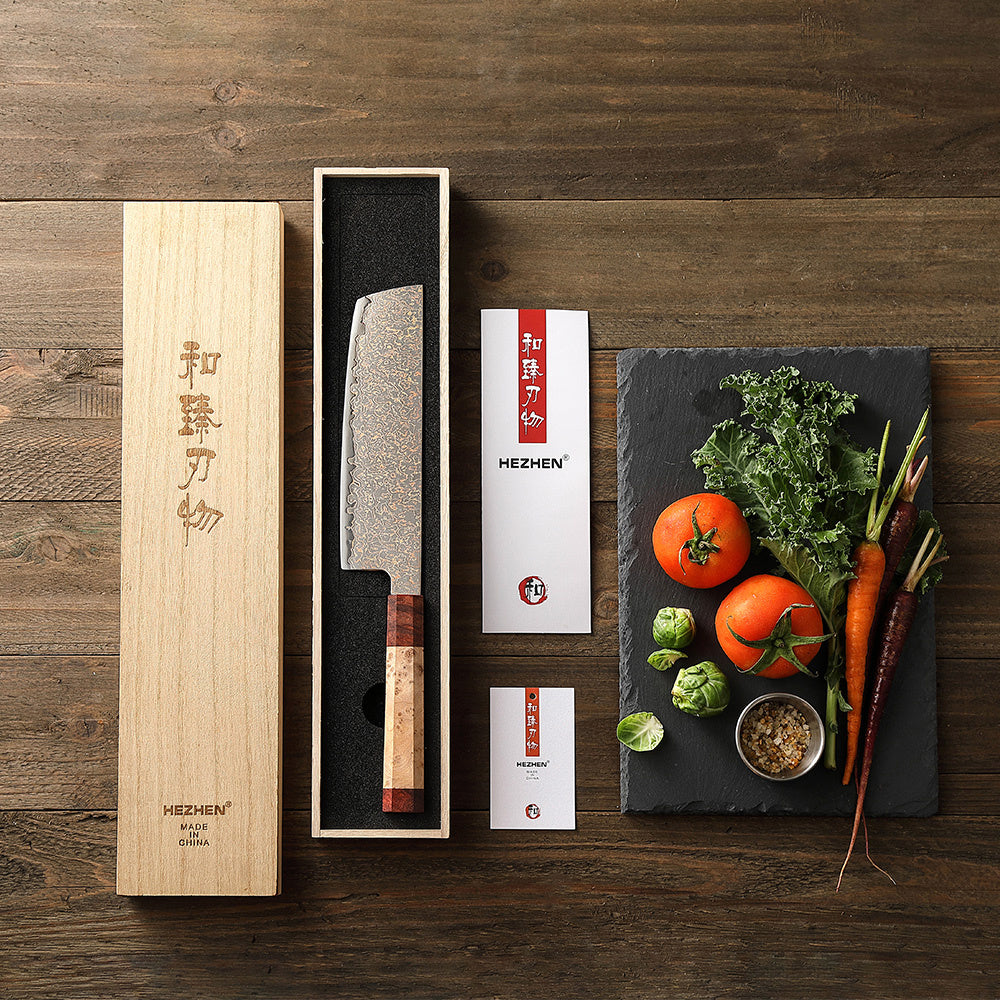 Hezhen X05C Retro nakiri mes in houten doos met groenten