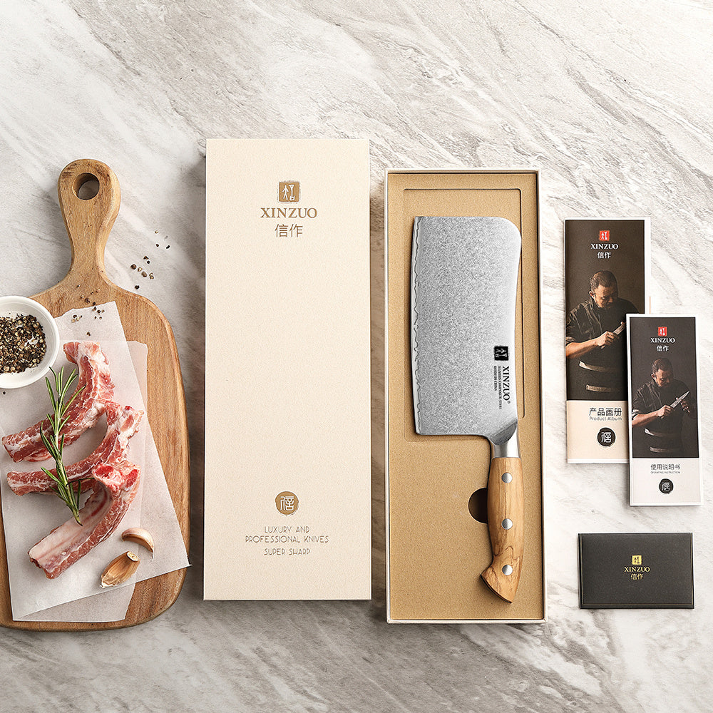 XinZuo X02O Pin hakmes 17 cm naast snijplank in de geschenkdoos