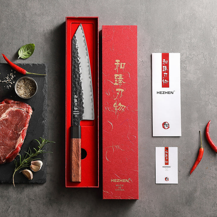 Hezhen PM8S Retro vleesmes in rode doos met ingrediënten