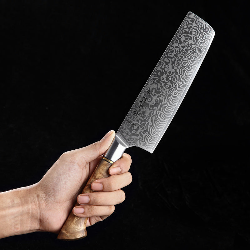 Hezhen B30 Master nakiri mes met damastpatroon in de hand