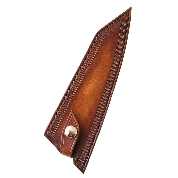 Leren mesbeschermer voor koksmes, bruine kleur met decoratieve rand