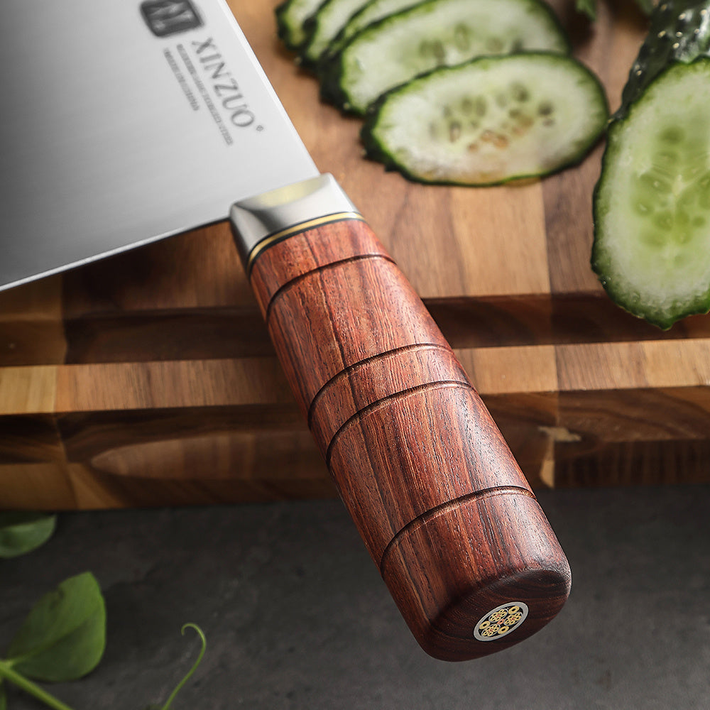 Houten handvat van de XinZuo X07 Fu Chinese cleaver