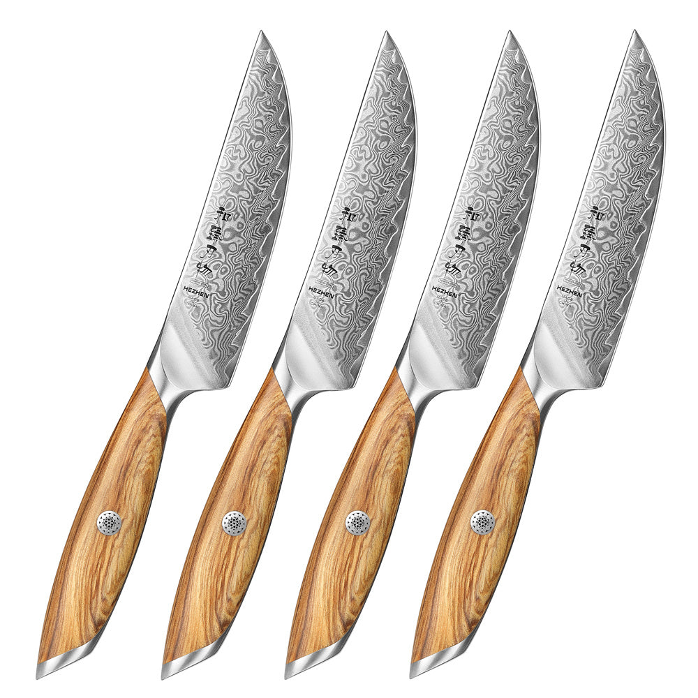Hezhen X01 Flagship steakmessenset, vier messen met houten handvatten