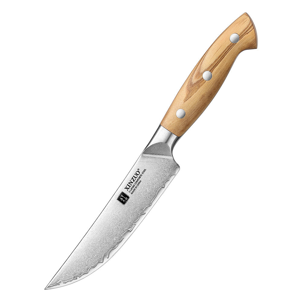XinZuo X02O Pin steakmes met houten handvat en golvende snijkant